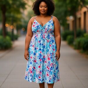 NXH Red‎ White Blue Floral Spaghetti Strap Maxi Dress Size 2X #208